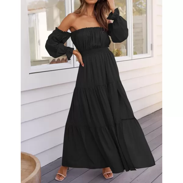 imageZESICA Womens 2024 Boho Sexy Off Shoulder Long Sleeve Smocked High Waist Side Split Flowy A Line Tiered Long Maxi DressDarkblack