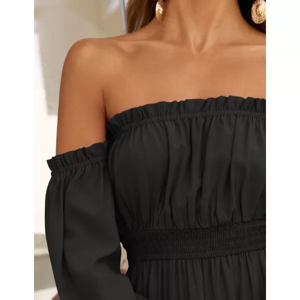 imageZESICA Womens 2024 Boho Sexy Off Shoulder Long Sleeve Smocked High Waist Side Split Flowy A Line Tiered Long Maxi DressDarkblack
