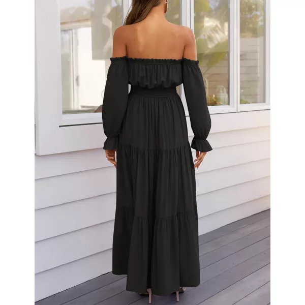 imageZESICA Womens 2024 Boho Sexy Off Shoulder Long Sleeve Smocked High Waist Side Split Flowy A Line Tiered Long Maxi DressDarkblack