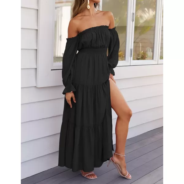 imageZESICA Womens 2024 Boho Sexy Off Shoulder Long Sleeve Smocked High Waist Side Split Flowy A Line Tiered Long Maxi DressDarkblack
