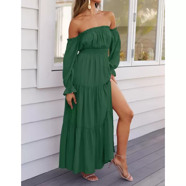 imageZESICA Womens 2024 Boho Sexy Off Shoulder Long Sleeve Smocked High Waist Side Split Flowy A Line Tiered Long Maxi DressDarkgreen