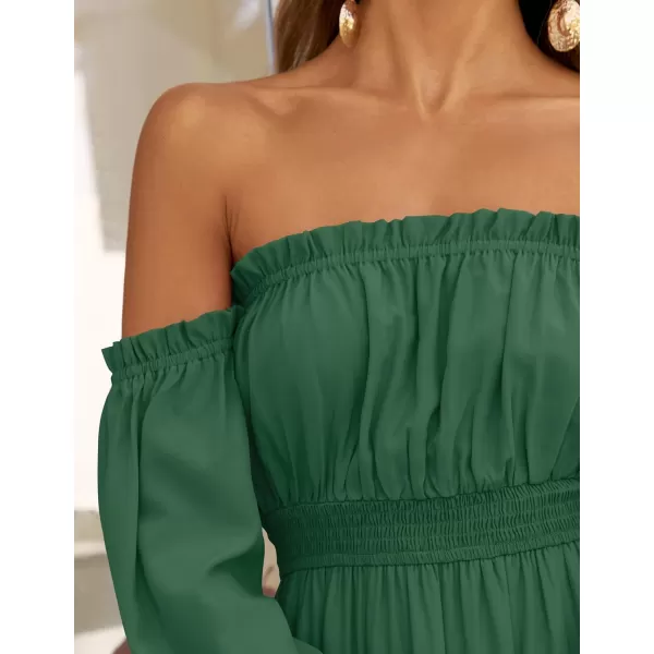 imageZESICA Womens 2024 Boho Sexy Off Shoulder Long Sleeve Smocked High Waist Side Split Flowy A Line Tiered Long Maxi DressDarkgreen