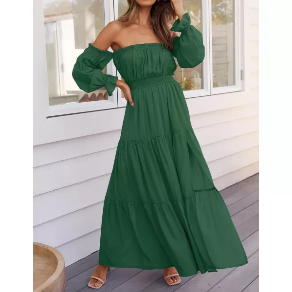 imageZESICA Womens 2024 Boho Sexy Off Shoulder Long Sleeve Smocked High Waist Side Split Flowy A Line Tiered Long Maxi DressDarkgreen