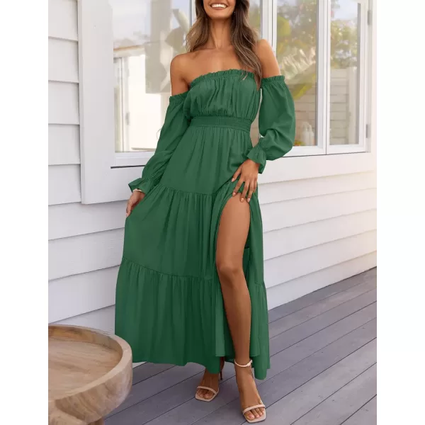 imageZESICA Womens 2024 Boho Sexy Off Shoulder Long Sleeve Smocked High Waist Side Split Flowy A Line Tiered Long Maxi DressDarkgreen