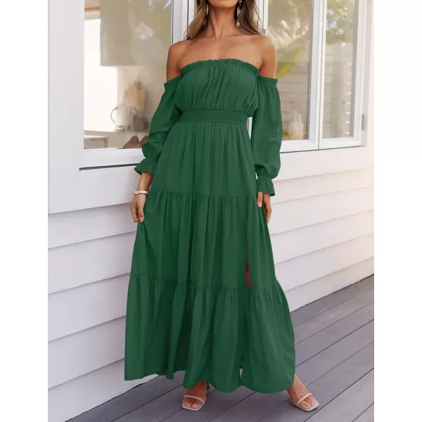 imageZESICA Womens 2024 Boho Sexy Off Shoulder Long Sleeve Smocked High Waist Side Split Flowy A Line Tiered Long Maxi DressDarkgreen