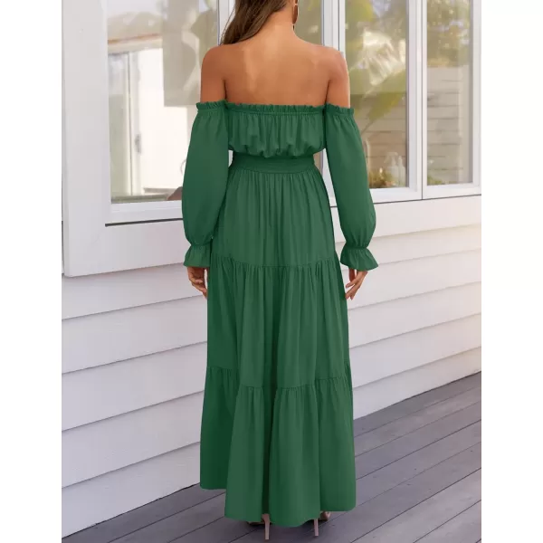 imageZESICA Womens 2024 Boho Sexy Off Shoulder Long Sleeve Smocked High Waist Side Split Flowy A Line Tiered Long Maxi DressDarkgreen