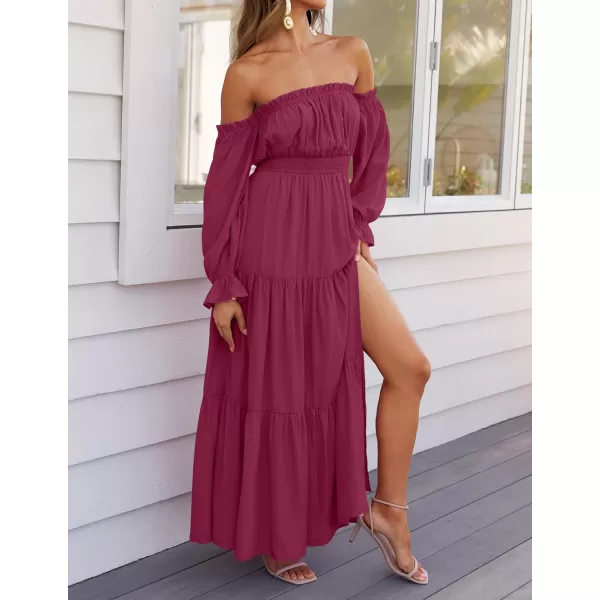 imageZESICA Womens 2024 Boho Sexy Off Shoulder Long Sleeve Smocked High Waist Side Split Flowy A Line Tiered Long Maxi DressFuchsia