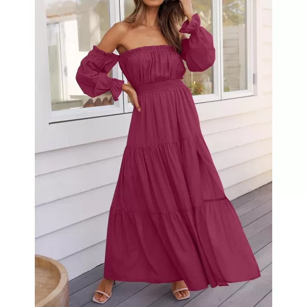 imageZESICA Womens 2024 Boho Sexy Off Shoulder Long Sleeve Smocked High Waist Side Split Flowy A Line Tiered Long Maxi DressFuchsia