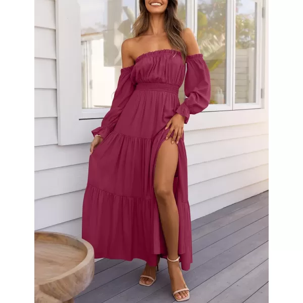 imageZESICA Womens 2024 Boho Sexy Off Shoulder Long Sleeve Smocked High Waist Side Split Flowy A Line Tiered Long Maxi DressFuchsia