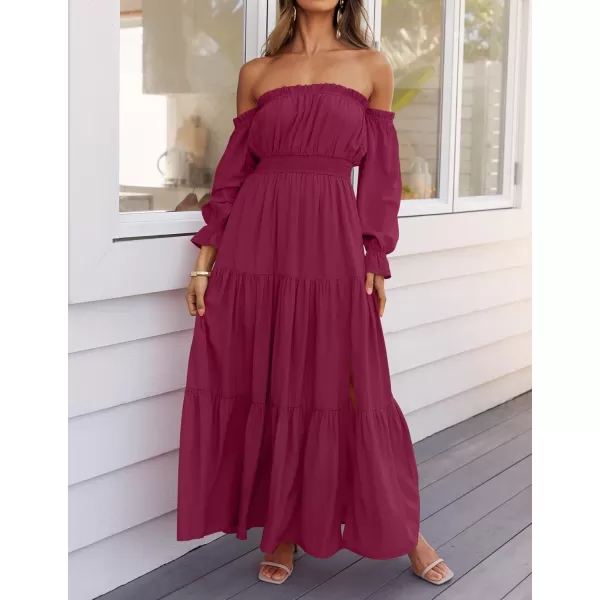 imageZESICA Womens 2024 Boho Sexy Off Shoulder Long Sleeve Smocked High Waist Side Split Flowy A Line Tiered Long Maxi DressFuchsia