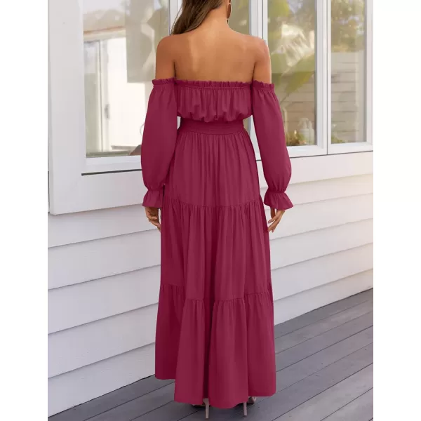 imageZESICA Womens 2024 Boho Sexy Off Shoulder Long Sleeve Smocked High Waist Side Split Flowy A Line Tiered Long Maxi DressFuchsia