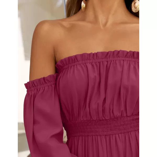 imageZESICA Womens 2024 Boho Sexy Off Shoulder Long Sleeve Smocked High Waist Side Split Flowy A Line Tiered Long Maxi DressFuchsia