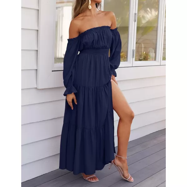 imageZESICA Womens 2024 Boho Sexy Off Shoulder Long Sleeve Smocked High Waist Side Split Flowy A Line Tiered Long Maxi DressNavy