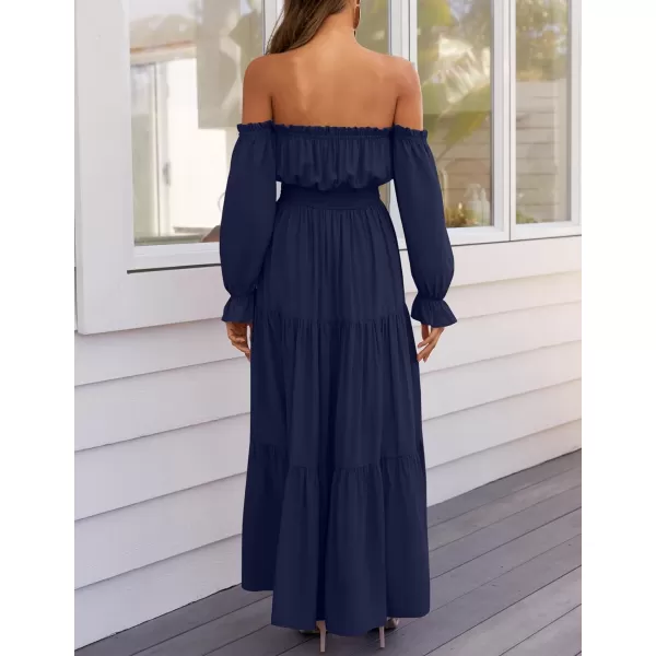 imageZESICA Womens 2024 Boho Sexy Off Shoulder Long Sleeve Smocked High Waist Side Split Flowy A Line Tiered Long Maxi DressNavy