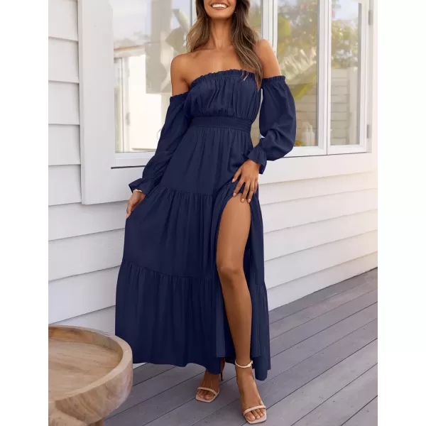 imageZESICA Womens 2024 Boho Sexy Off Shoulder Long Sleeve Smocked High Waist Side Split Flowy A Line Tiered Long Maxi DressNavy