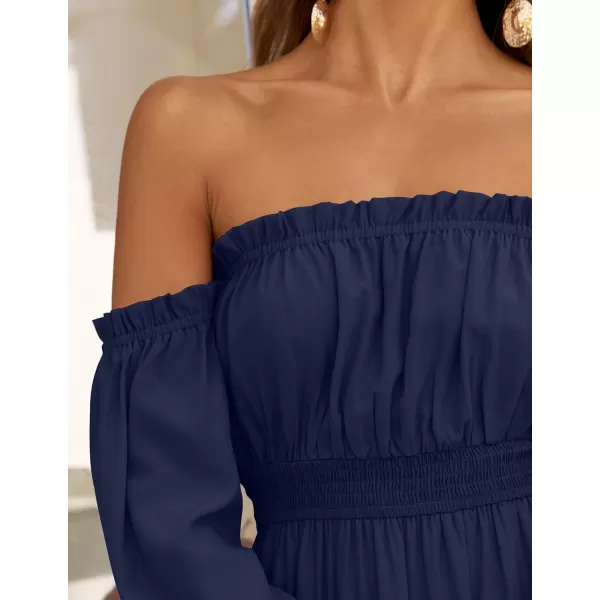 imageZESICA Womens 2024 Boho Sexy Off Shoulder Long Sleeve Smocked High Waist Side Split Flowy A Line Tiered Long Maxi DressNavy