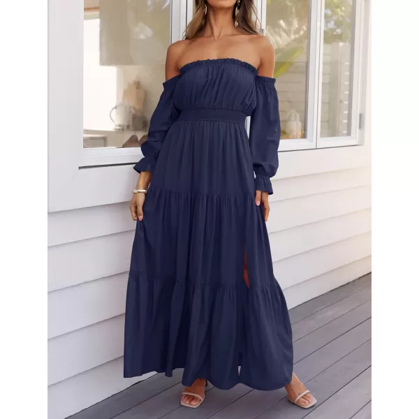 imageZESICA Womens 2024 Boho Sexy Off Shoulder Long Sleeve Smocked High Waist Side Split Flowy A Line Tiered Long Maxi DressNavy