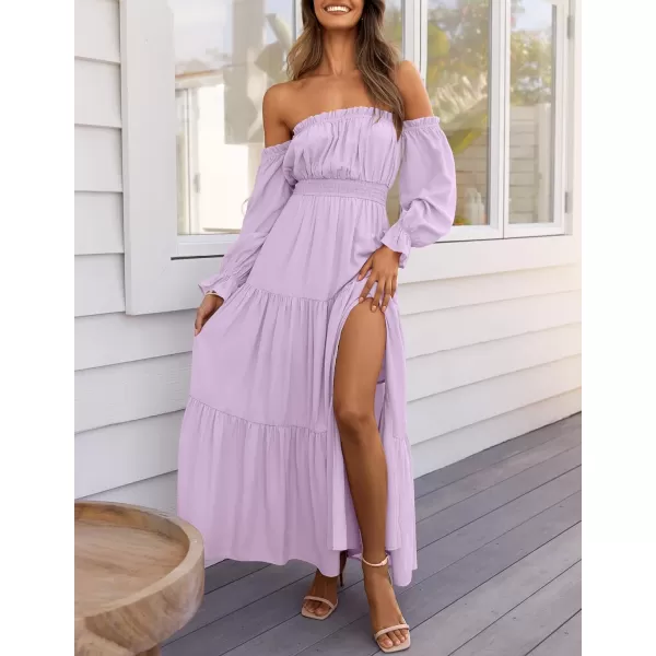 imageZESICA Womens 2024 Boho Sexy Off Shoulder Long Sleeve Smocked High Waist Side Split Flowy A Line Tiered Long Maxi DressPurple