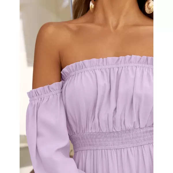 imageZESICA Womens 2024 Boho Sexy Off Shoulder Long Sleeve Smocked High Waist Side Split Flowy A Line Tiered Long Maxi DressPurple