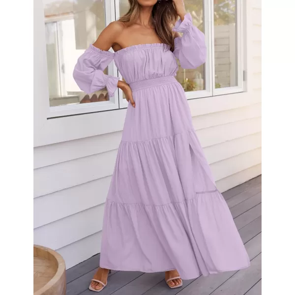imageZESICA Womens 2024 Boho Sexy Off Shoulder Long Sleeve Smocked High Waist Side Split Flowy A Line Tiered Long Maxi DressPurple