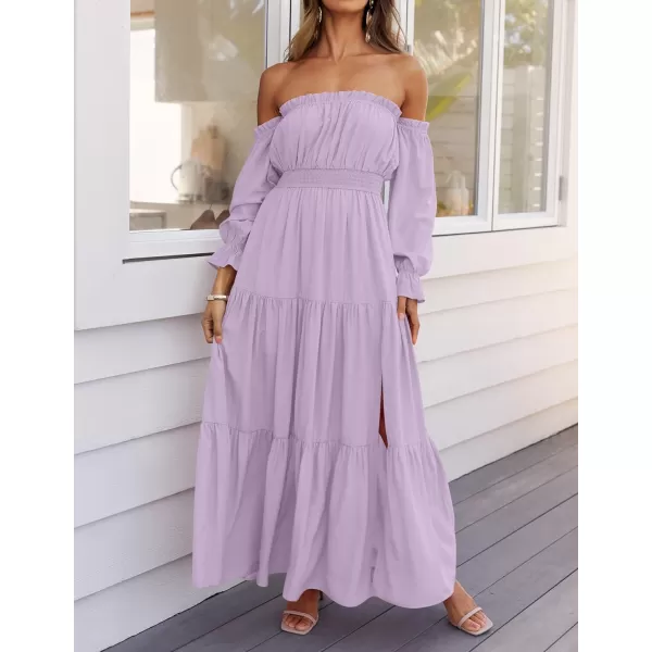 imageZESICA Womens 2024 Boho Sexy Off Shoulder Long Sleeve Smocked High Waist Side Split Flowy A Line Tiered Long Maxi DressPurple