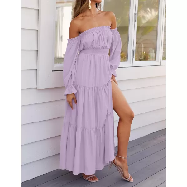 imageZESICA Womens 2024 Boho Sexy Off Shoulder Long Sleeve Smocked High Waist Side Split Flowy A Line Tiered Long Maxi DressPurple