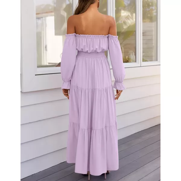 imageZESICA Womens 2024 Boho Sexy Off Shoulder Long Sleeve Smocked High Waist Side Split Flowy A Line Tiered Long Maxi DressPurple