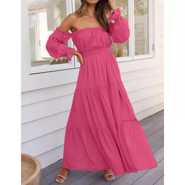 imageZESICA Womens 2024 Boho Sexy Off Shoulder Long Sleeve Smocked High Waist Side Split Flowy A Line Tiered Long Maxi DressRose