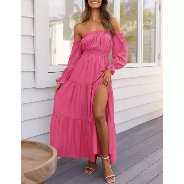 imageZESICA Womens 2024 Boho Sexy Off Shoulder Long Sleeve Smocked High Waist Side Split Flowy A Line Tiered Long Maxi DressRose