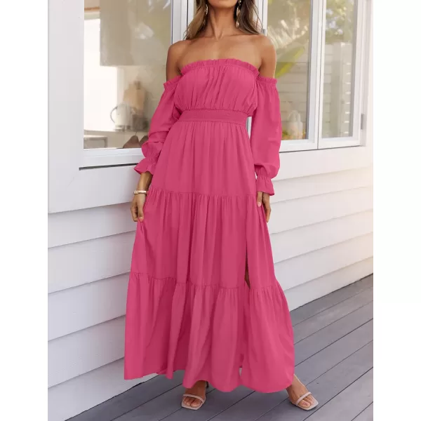 imageZESICA Womens 2024 Boho Sexy Off Shoulder Long Sleeve Smocked High Waist Side Split Flowy A Line Tiered Long Maxi DressRose