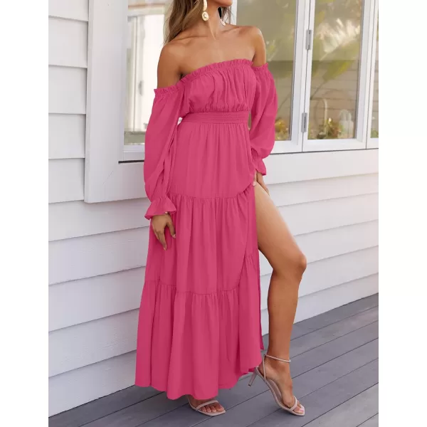 imageZESICA Womens 2024 Boho Sexy Off Shoulder Long Sleeve Smocked High Waist Side Split Flowy A Line Tiered Long Maxi DressRose