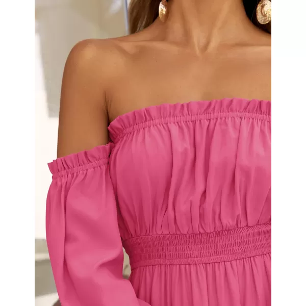 imageZESICA Womens 2024 Boho Sexy Off Shoulder Long Sleeve Smocked High Waist Side Split Flowy A Line Tiered Long Maxi DressRose