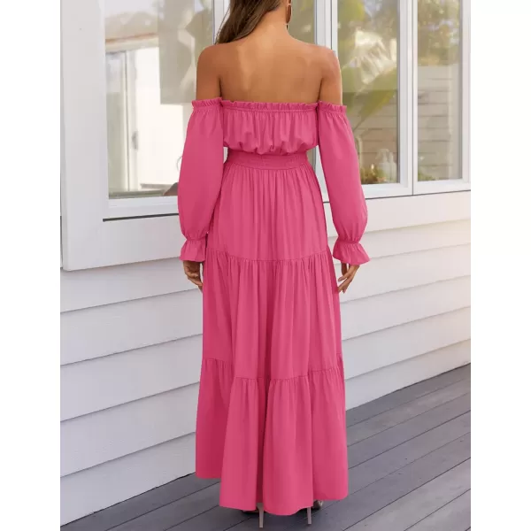 imageZESICA Womens 2024 Boho Sexy Off Shoulder Long Sleeve Smocked High Waist Side Split Flowy A Line Tiered Long Maxi DressRose