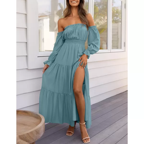 imageZESICA Womens 2024 Boho Sexy Off Shoulder Long Sleeve Smocked High Waist Side Split Flowy A Line Tiered Long Maxi DressTeal