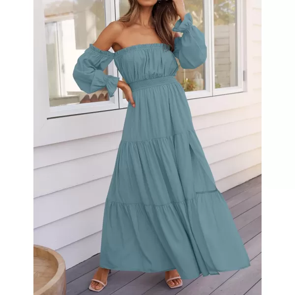 imageZESICA Womens 2024 Boho Sexy Off Shoulder Long Sleeve Smocked High Waist Side Split Flowy A Line Tiered Long Maxi DressTeal