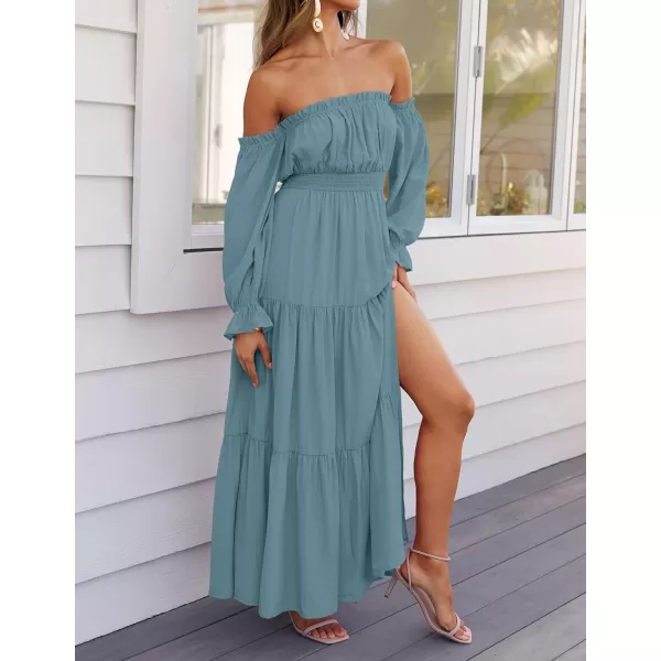 imageZESICA Womens 2024 Boho Sexy Off Shoulder Long Sleeve Smocked High Waist Side Split Flowy A Line Tiered Long Maxi DressTeal