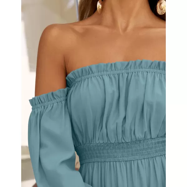 imageZESICA Womens 2024 Boho Sexy Off Shoulder Long Sleeve Smocked High Waist Side Split Flowy A Line Tiered Long Maxi DressTeal