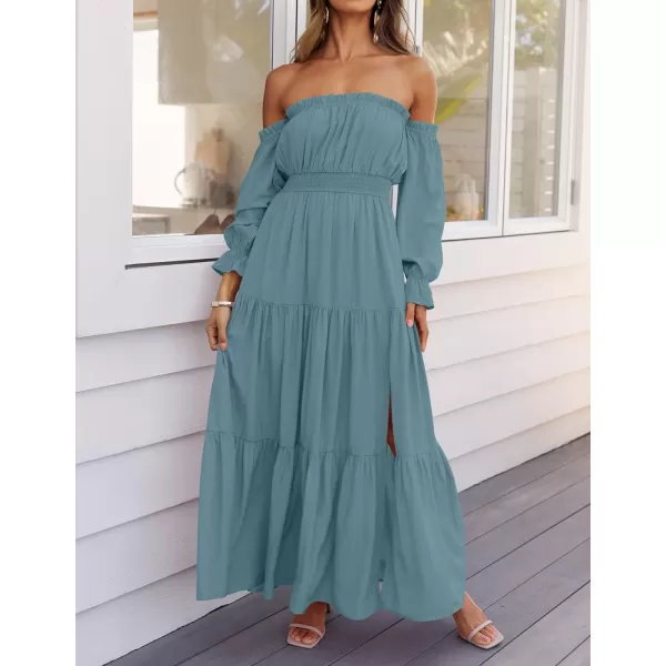 imageZESICA Womens 2024 Boho Sexy Off Shoulder Long Sleeve Smocked High Waist Side Split Flowy A Line Tiered Long Maxi DressTeal