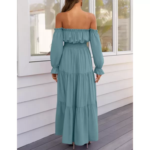 imageZESICA Womens 2024 Boho Sexy Off Shoulder Long Sleeve Smocked High Waist Side Split Flowy A Line Tiered Long Maxi DressTeal