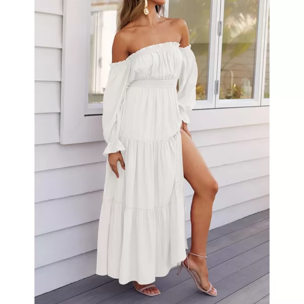 imageZESICA Womens 2024 Boho Sexy Off Shoulder Long Sleeve Smocked High Waist Side Split Flowy A Line Tiered Long Maxi DressWhite