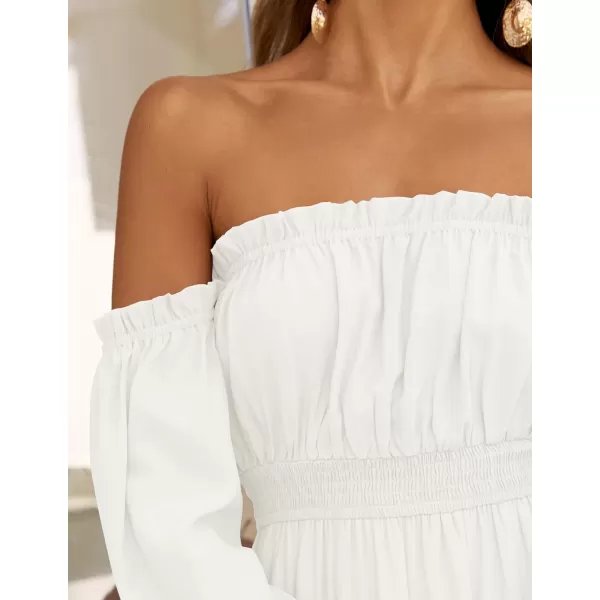 imageZESICA Womens 2024 Boho Sexy Off Shoulder Long Sleeve Smocked High Waist Side Split Flowy A Line Tiered Long Maxi DressWhite