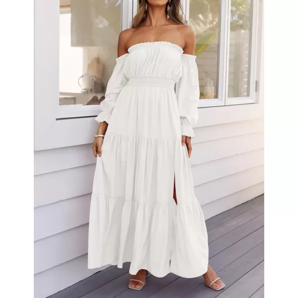 imageZESICA Womens 2024 Boho Sexy Off Shoulder Long Sleeve Smocked High Waist Side Split Flowy A Line Tiered Long Maxi DressWhite