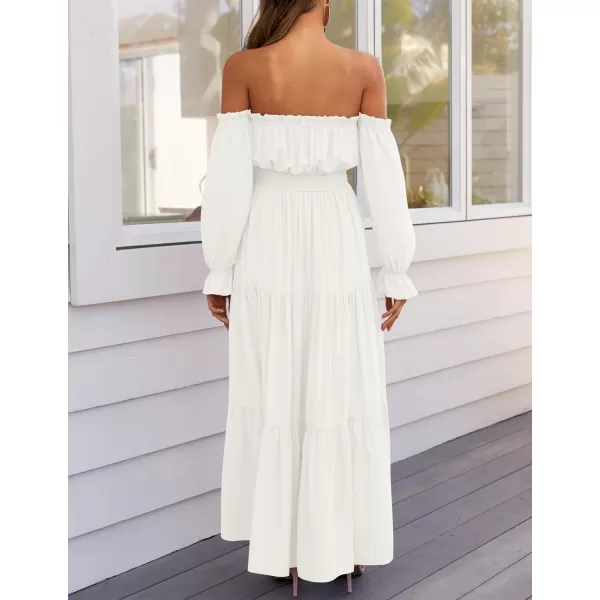 imageZESICA Womens 2024 Boho Sexy Off Shoulder Long Sleeve Smocked High Waist Side Split Flowy A Line Tiered Long Maxi DressWhite