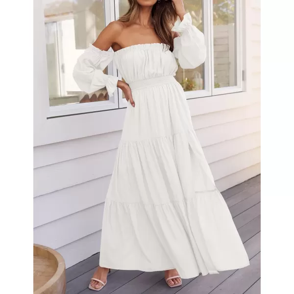 imageZESICA Womens 2024 Boho Sexy Off Shoulder Long Sleeve Smocked High Waist Side Split Flowy A Line Tiered Long Maxi DressWhite