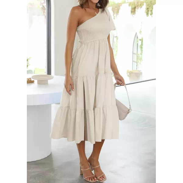imageZESICA Womens 2024 Boho Summer One Shoulder Short Sleeve Smocked Side Split Ruffle Swing Midi DressApricot