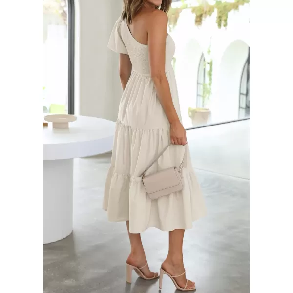 imageZESICA Womens 2024 Boho Summer One Shoulder Short Sleeve Smocked Side Split Ruffle Swing Midi DressApricot