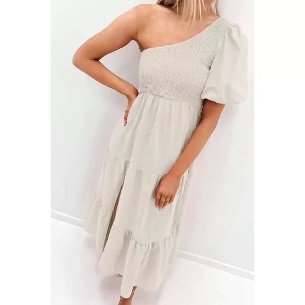 imageZESICA Womens 2024 Boho Summer One Shoulder Short Sleeve Smocked Side Split Ruffle Swing Midi DressApricot