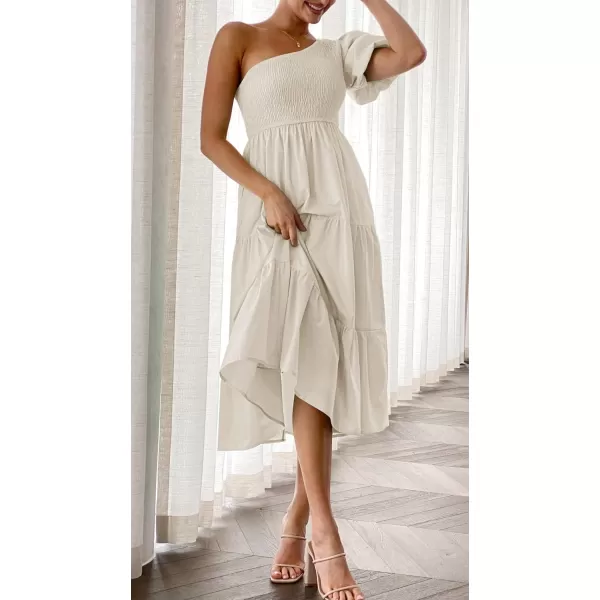 imageZESICA Womens 2024 Boho Summer One Shoulder Short Sleeve Smocked Side Split Ruffle Swing Midi DressApricot