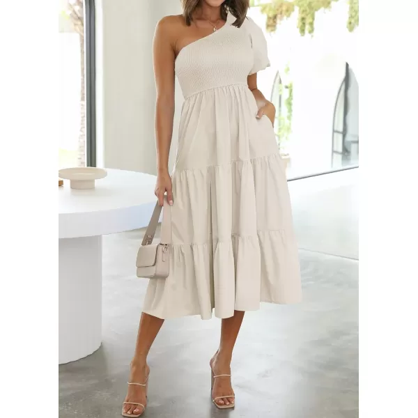 imageZESICA Womens 2024 Boho Summer One Shoulder Short Sleeve Smocked Side Split Ruffle Swing Midi DressApricot