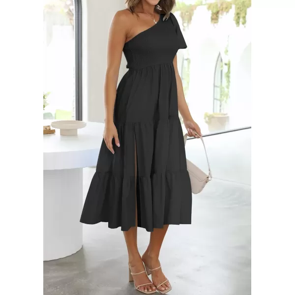imageZESICA Womens 2024 Boho Summer One Shoulder Short Sleeve Smocked Side Split Ruffle Swing Midi DressBlack